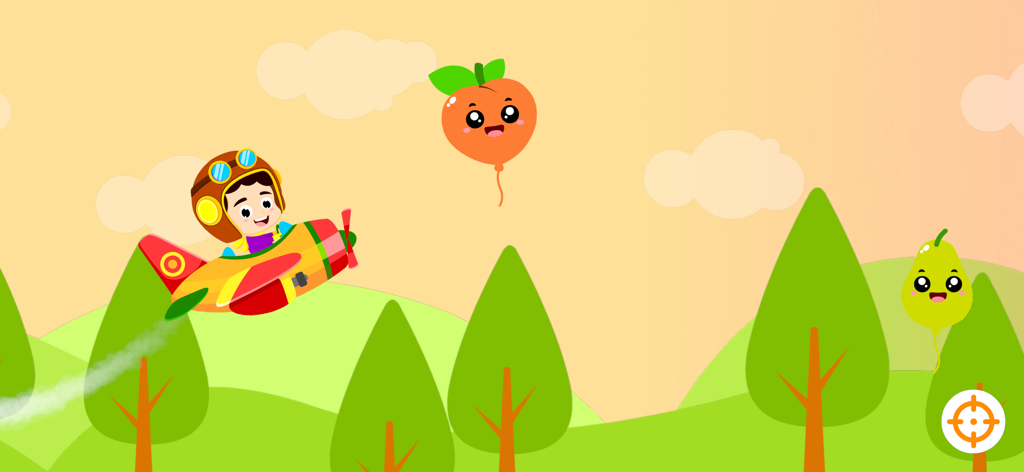 Kids Airplane: Learn ABC & 123 - A pilot boy in a colorful airplane flying past cute fruit-shaped balloons in a cartoon landscape