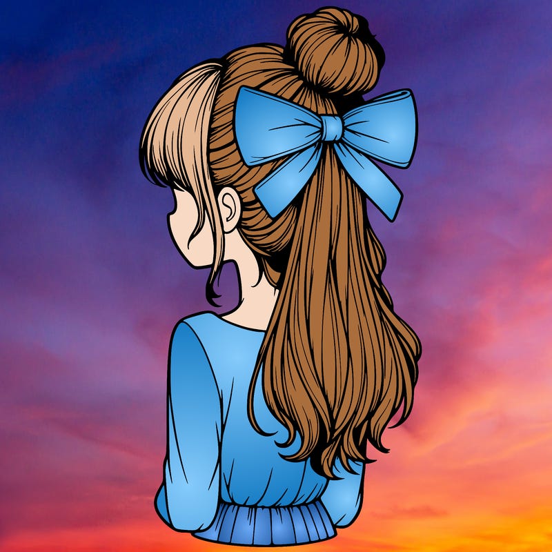 realistic girl  with hip length hair a bun and a big bow on the back of head