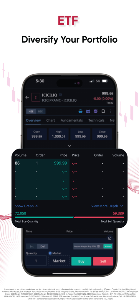 Écran de l'application mobile 5paisa montrant les détails du trading d'ETF et un message de diversification de portefeuille.