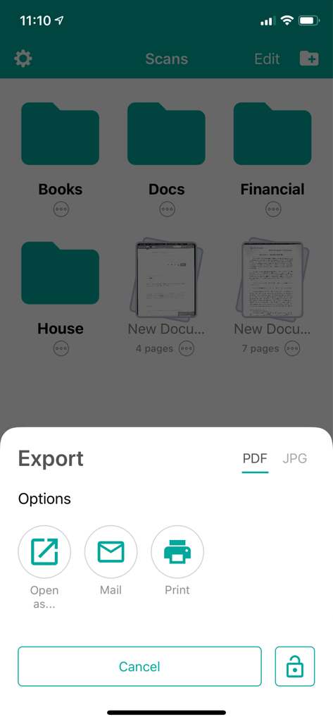 文書フォルダとPDFエクスポートオプションを示すスキャナーアプリのインターフェース。