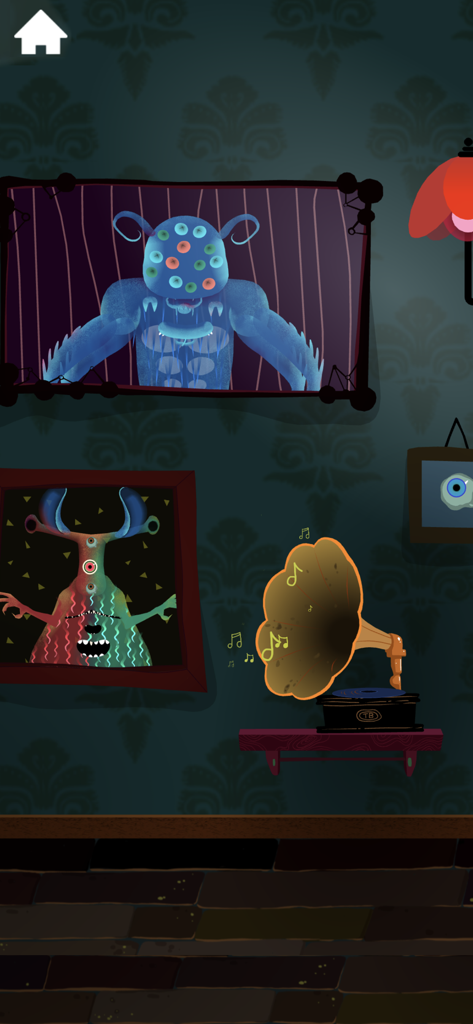 Una sala de galería en The Monsters de Tinybop que muestra creaciones de monstruos enmarcadas y un gramófono sonando.