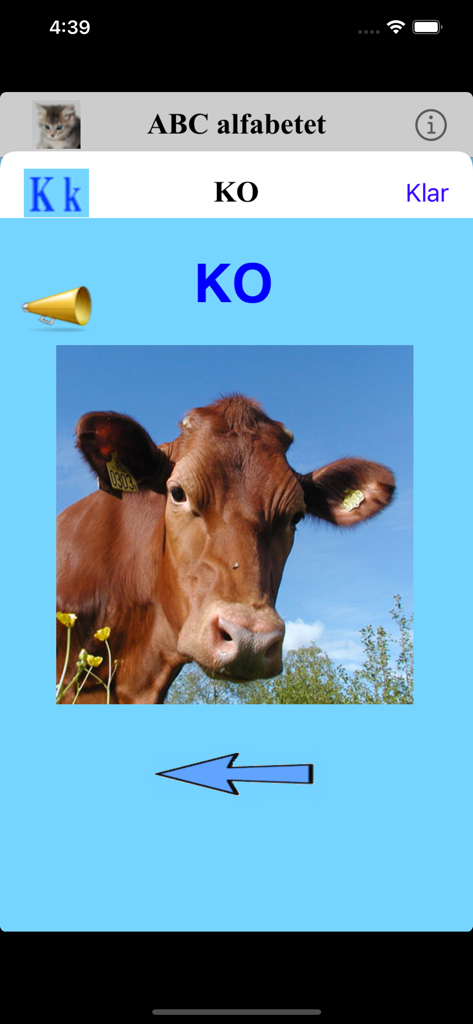 Alfabetet - Alfabetet app interface showing the letter K and a picture of a cow for phonics learning.