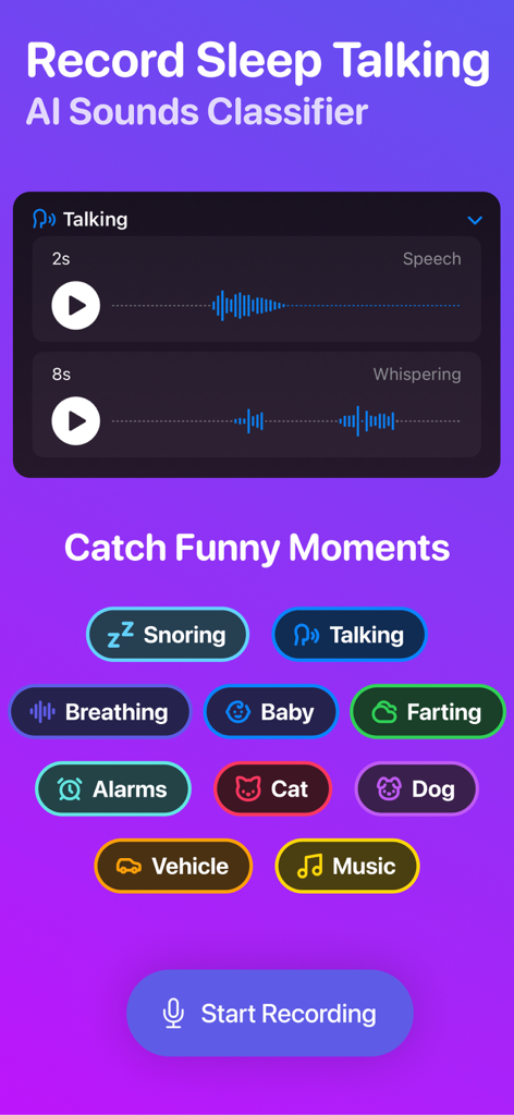 Sleep Recorder - Somnio - Mobile app screen showing AI detection of sleep sounds like snoring and talking