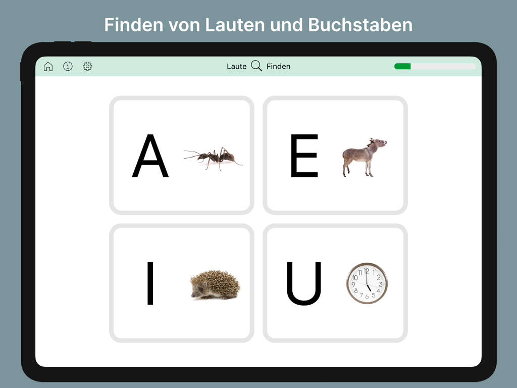Lexico Hören Pro - Pantalla de la aplicación Lexico Hoeren Pro que muestra un ejercicio de emparejamiento de vocales A E I y U con imágenes correspondientes de animales y objetos