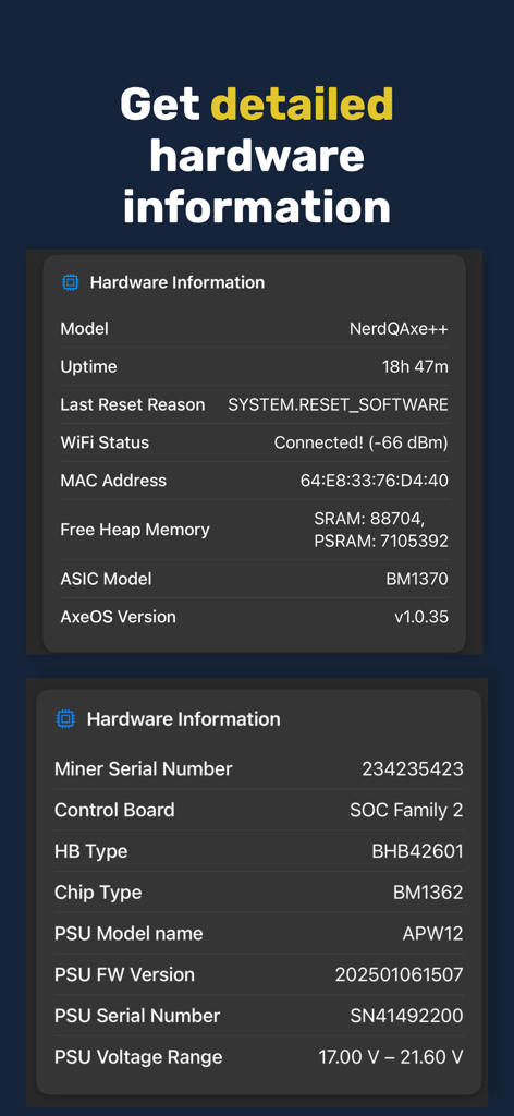 Detailed hardware information screen for bitcoin miners displaying technical specs and performance metrics