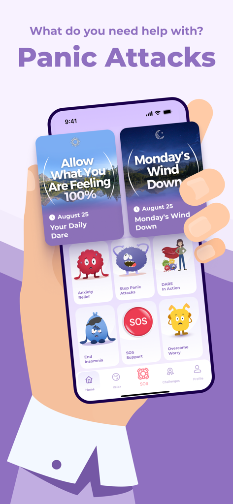 Schermata home dell'app Dare che mostra gli strumenti per gli attacchi di panico e il sollievo dall'ansia.