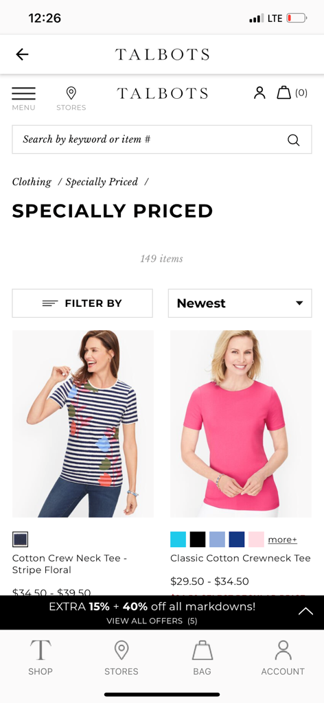 Talbots mobile app showing a collection of specially priced women's cotton t-shirts with a promotional discount banner