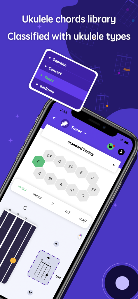 ukulele chords pro - uke chord - Interfaz de la aplicación de la biblioteca de acordes de ukelele que muestra diagramas de acordes de ukelele tenor y opciones de afinación