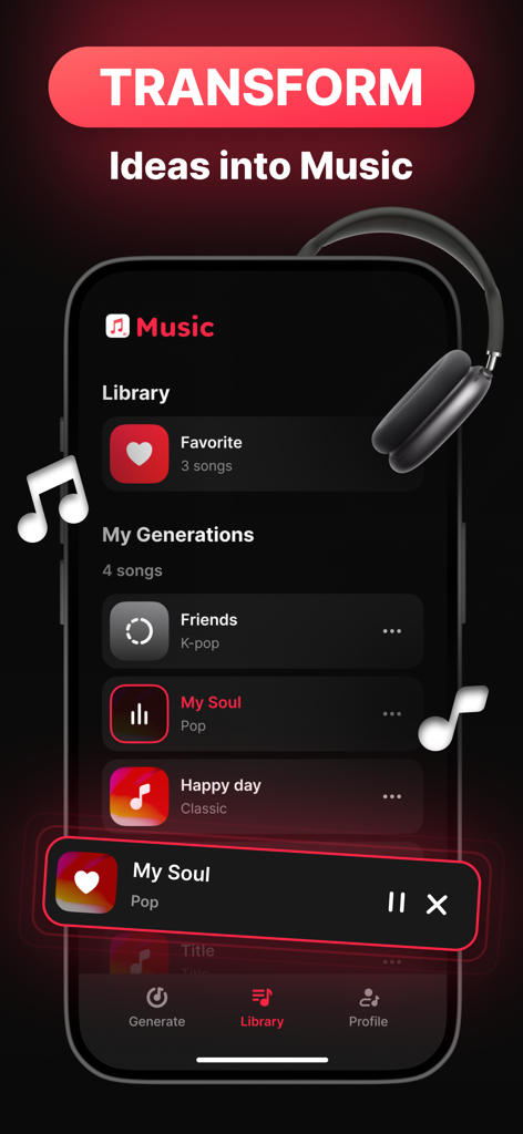 AI Music Maker: Make Own Song - AI Music Maker app library interface showing a list of generated songs and a music player bar