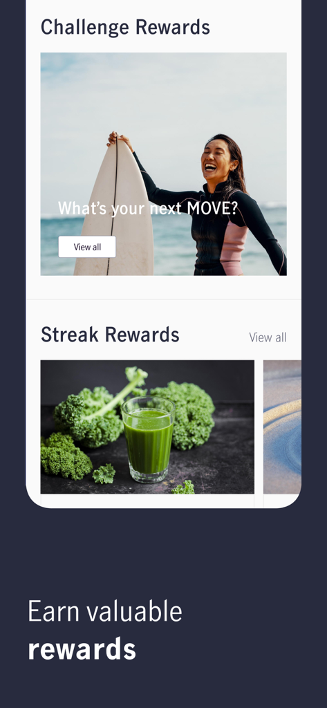 ManulifeMOVE app screen showing challenge and streak rewards for healthy lifestyle activities