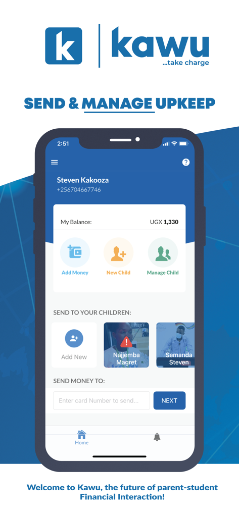 Kawu - Interface do aplicativo Kawu mostrando o painel do pai para enviar dinheiro e gerenciar contas de filhos