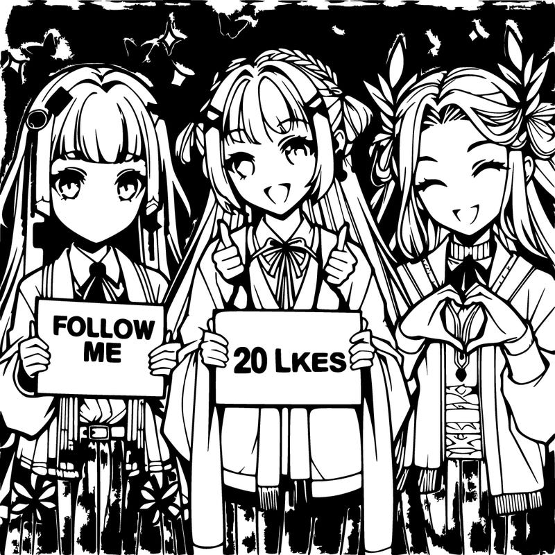an anime girl with a sign that says follow me, and next to her another anime girl with a sign that says 20 likes please, then in the middle between the other girls there is an anime girl who is making a heart symbol with her hands 🫶🏻