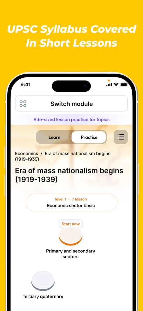PrepAiro: UPSC CSE Prep 2026 - Mobile screen of PrepAiro app showing bite-sized UPSC syllabus lessons for economics and nationalism
