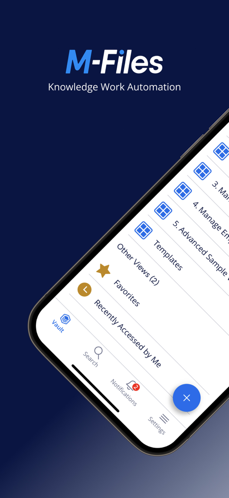 Dashboard dell'app mobile M-Files che mostra l'accesso al vault dei documenti e i menu di navigazione per la gestione dei contenuti aziendali