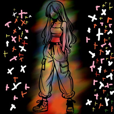 girl in baggy pants crop top and long hair