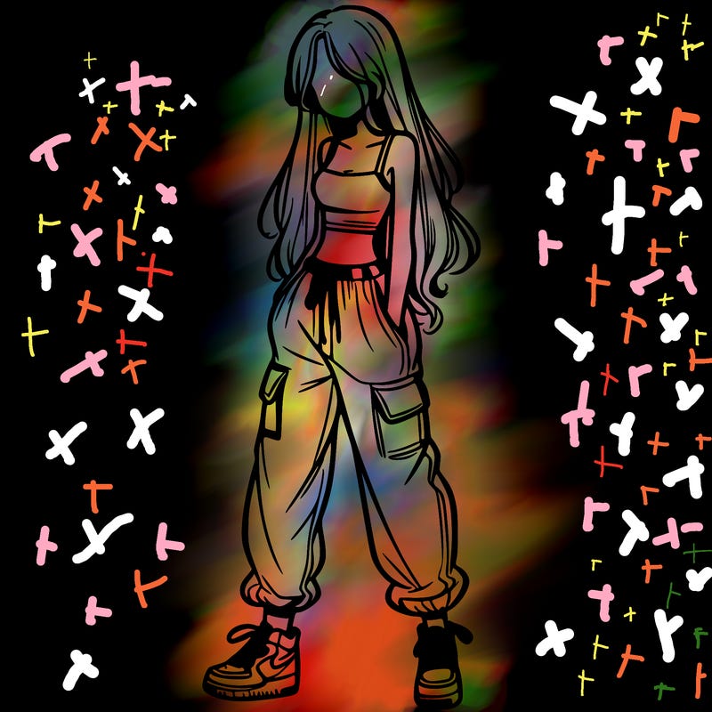 girl in baggy pants crop top and long hair