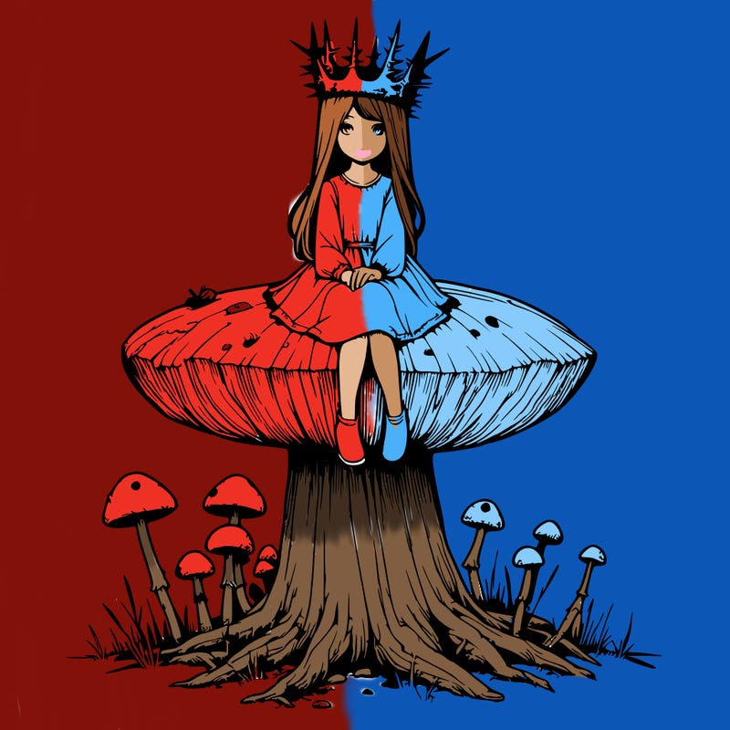 realistic girl sitting on a huge tree stump size toadstool with thorn crown