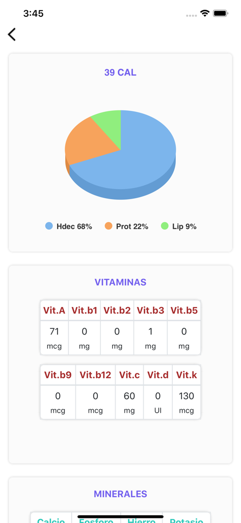 Sistema Digital de Alimentos - アプリ画面には、マクロ栄養素の円グラフとビタミン表が表示されています。