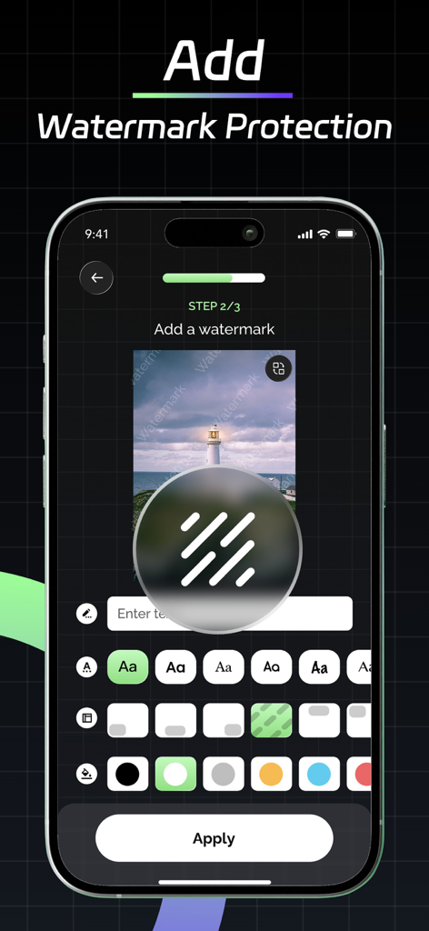 PixBox: Compress & Clean - Mobile app interface showing how to add custom watermark protection to a photo in PixBox