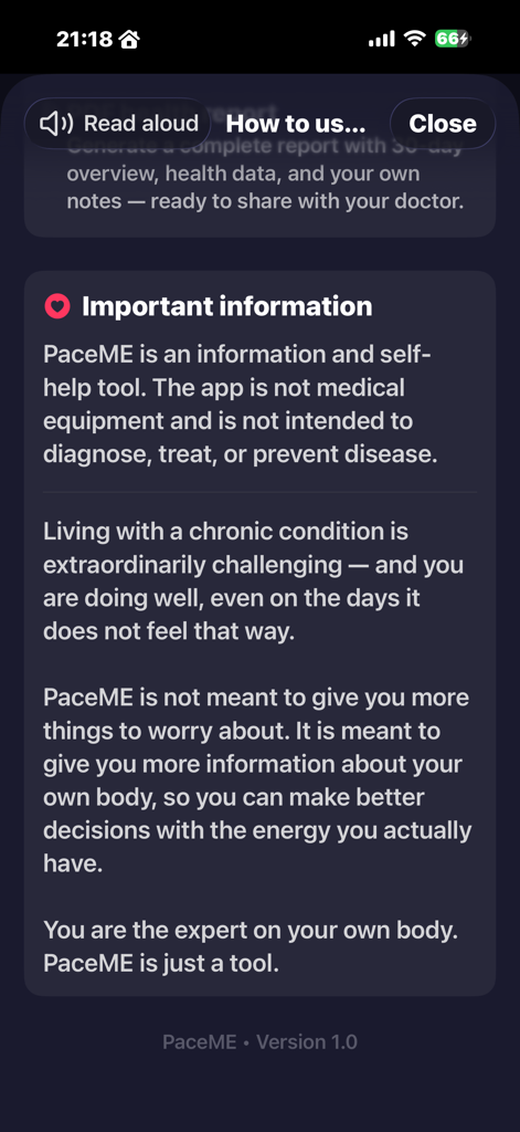 PaceME: Pacing & Energy - Screenshot of the PaceME app showing important information and a supportive message for managing chronic health conditions