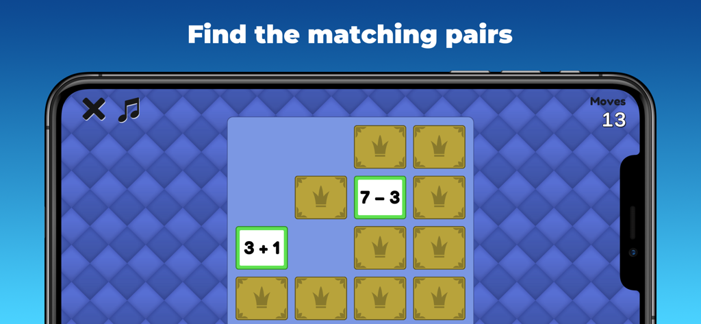 King of Math Jr 2 - A math memory matching game from King of Math Jr 2 showing addition and subtraction cards on a grid.