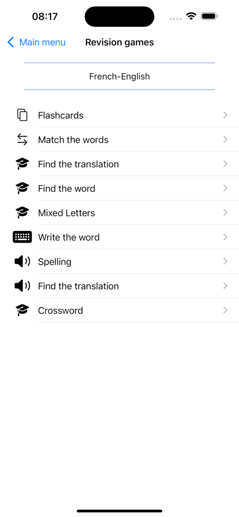 List of vocabulary revision games in the WordTheme app showing options for flashcards and crosswords
