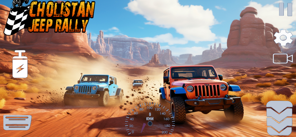 4x4 Offroad Jeep Driving - Two 4x4 jeeps racing on a dirt track through a desert canyon in a simulation game.