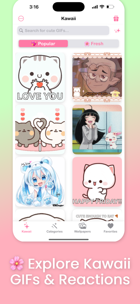 A selection of cute and aesthetic kawaii GIFs and reactions in the app interface.