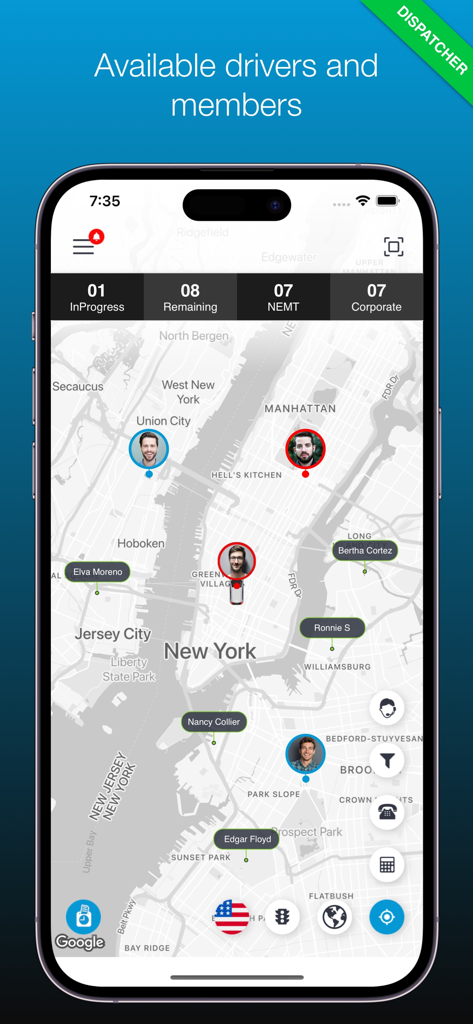 NEMT Max - NEMT Max app dispatcher dashboard tracking drivers and members on a map of New York City