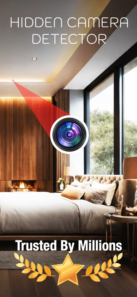 Hidden Camera Detector app promotion showing a camera lens scan in a modern hotel bedroom