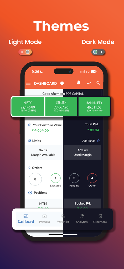 bob World etrade. - bob World etradeダッシュボードのライトモードとダークモードのテーマを示す分割画面ビュー。