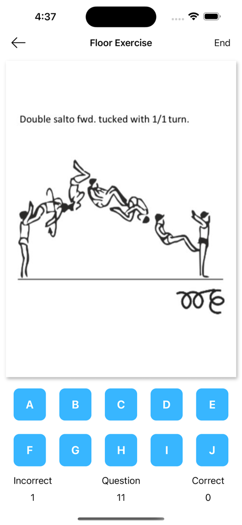 MAG CoP Study (2025-28) - Gymnastics floor exercise quiz screen with a technical skill diagram and multiple choice buttons