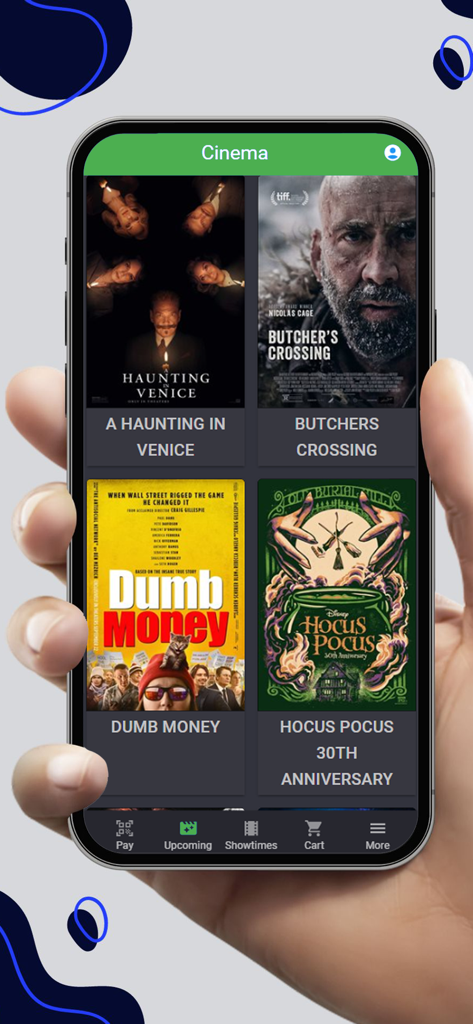 Emerald Moviesモバイルアプリのホーム画面。A Haunting in VeniceやDumb Moneyなどのタイトルが表示されています。