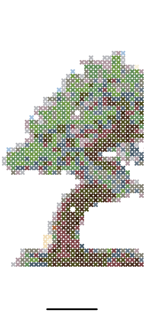 Stitched—Cross-stitch Patterns - A digital cross-stitch pattern of a tree showing individual color-coded stitches on a white background.