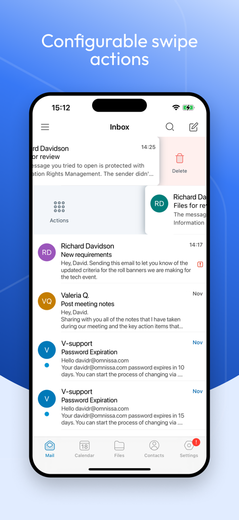Boxer - Workspace ONE - Boxer Workspace ONE mobile app interface showing configurable swipe actions for email management