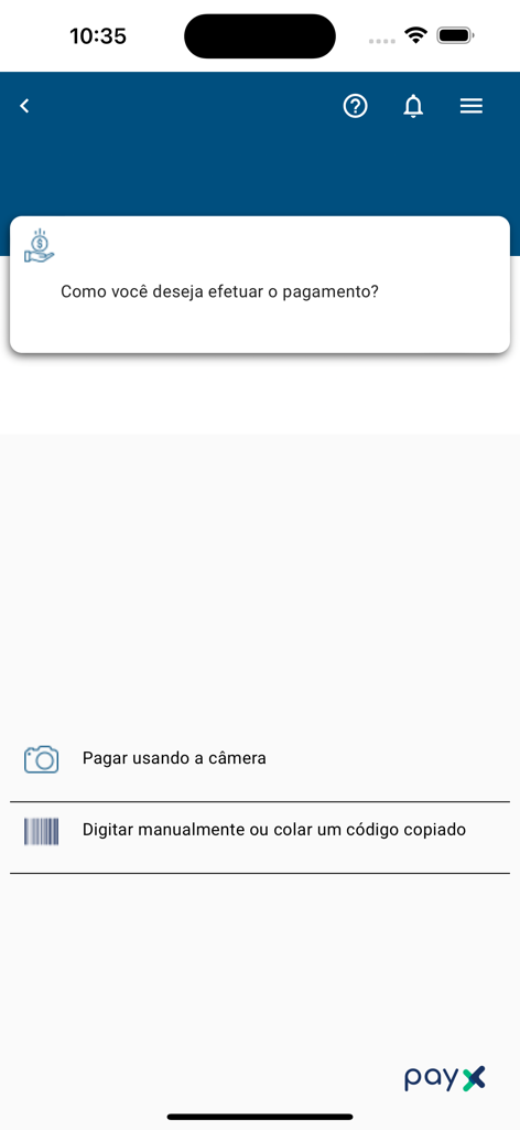 Interface de l'application PayX montrant les options de paiement de factures par scan de caméra ou saisie manuelle du code-barres.