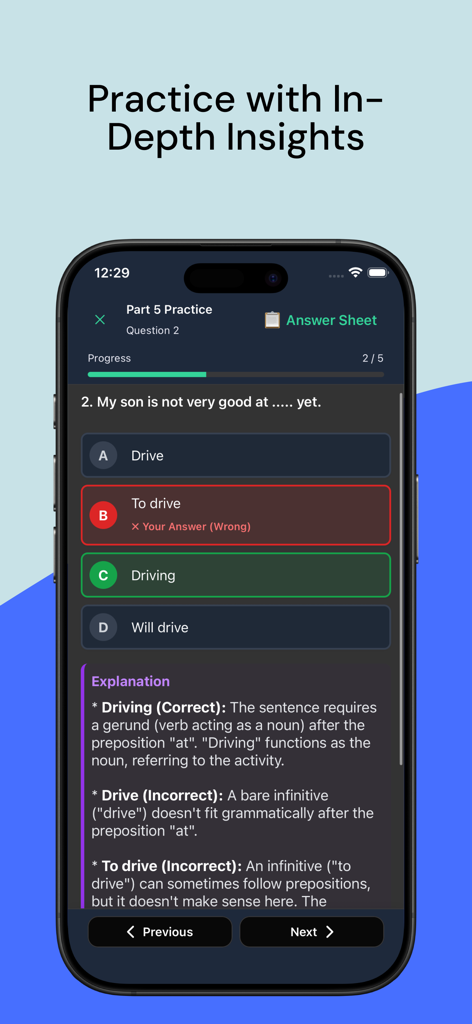 English Mastery - TOEIC, IELTS - English Mastery app quiz screen with detailed grammar explanations and test practice