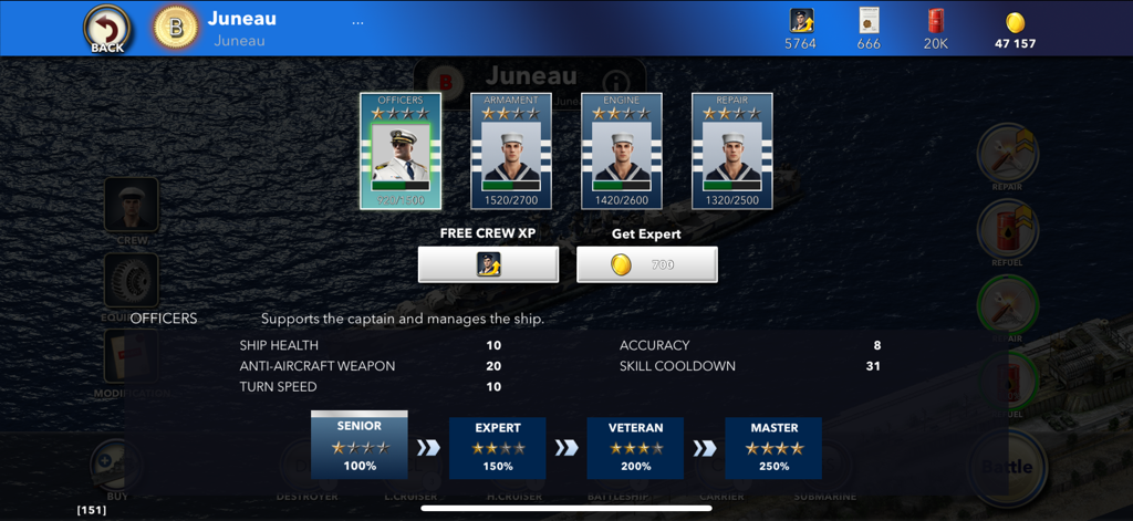 Naval Warship Tactics: Online - A menu screen for naval warship tactics showing options to manage and upgrade officers armament and engine crew