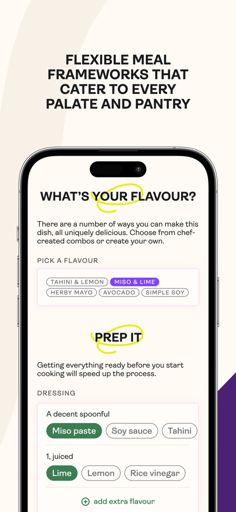 Saveful - Saveful app screen showing flexible meal frameworks and flavor selection options for cooking with pantry ingredients
