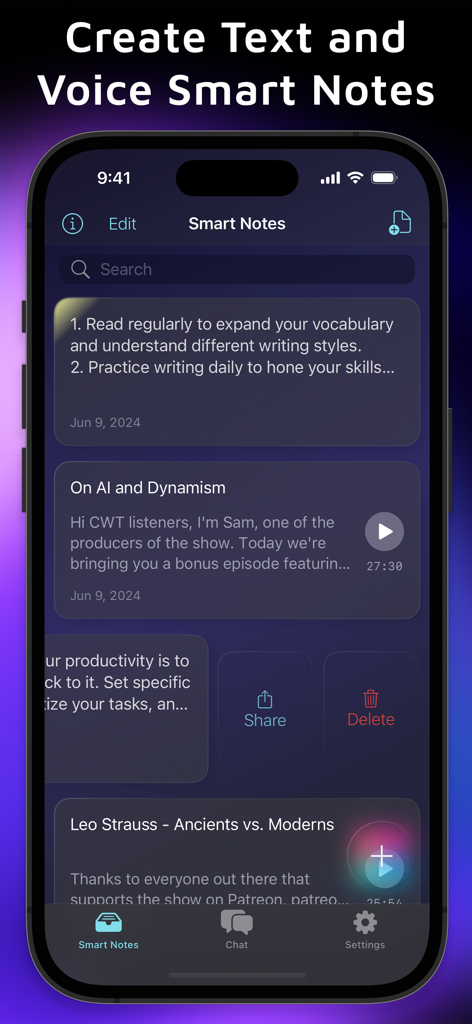 Auri AI Keyboard & Assistant - Auri AI app interface for managing smart notes and voice transcription recordings