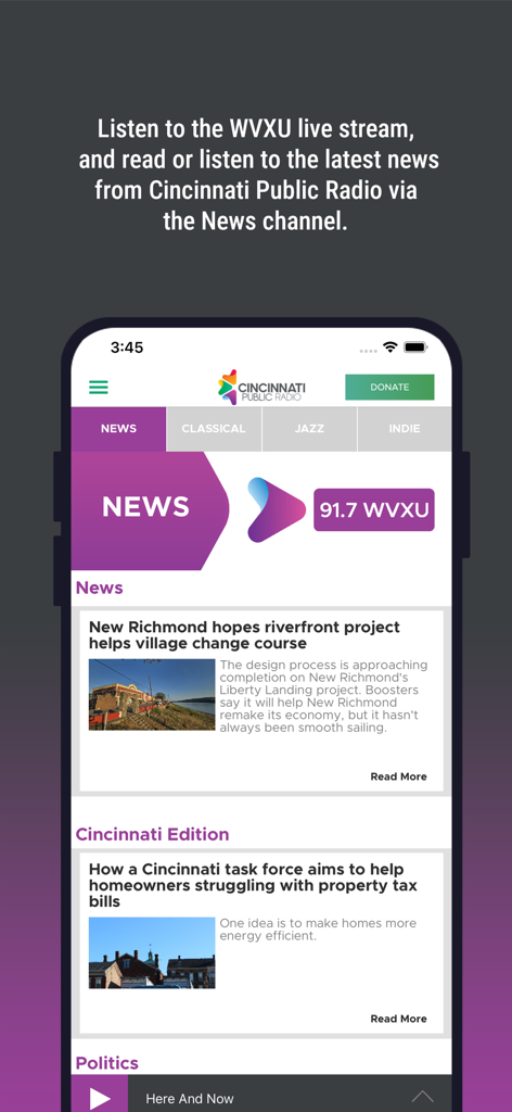 Cincinnati Public Radio - Cincinnati Public Radio mobile app displaying the local news feed and WVXU live stream