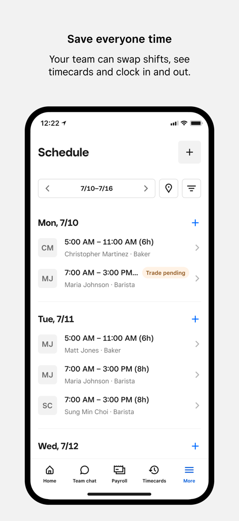 Square Team app mobile interface displaying a weekly work schedule with shifts and employee roles