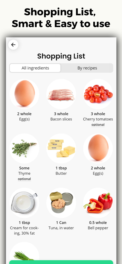 Low Carb Recipes & Keto Diet - Pantalla de lista de compras en la aplicación Dieta Keto que muestra fotos de ingredientes y cantidades para las recetas