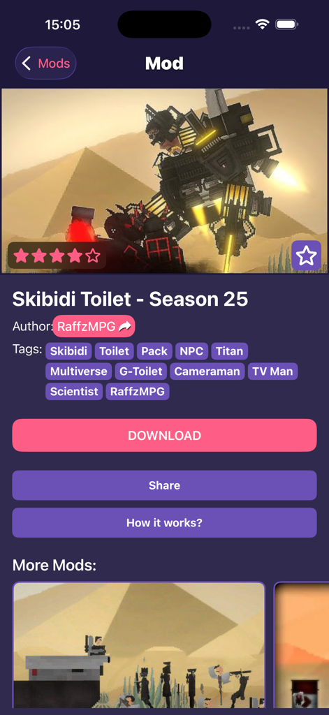 Ragdoll Mods의 Skibidi Toilet 시즌 25 모드를 보여주는 인터페이스