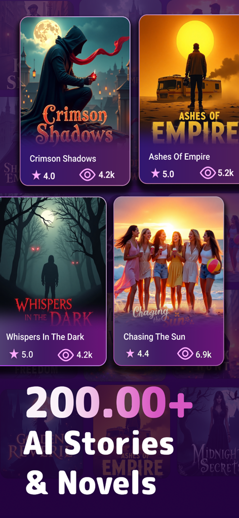 AI Story Generator Novel Maker - Interface showing a library of AI generated novels with custom book covers and user ratings.