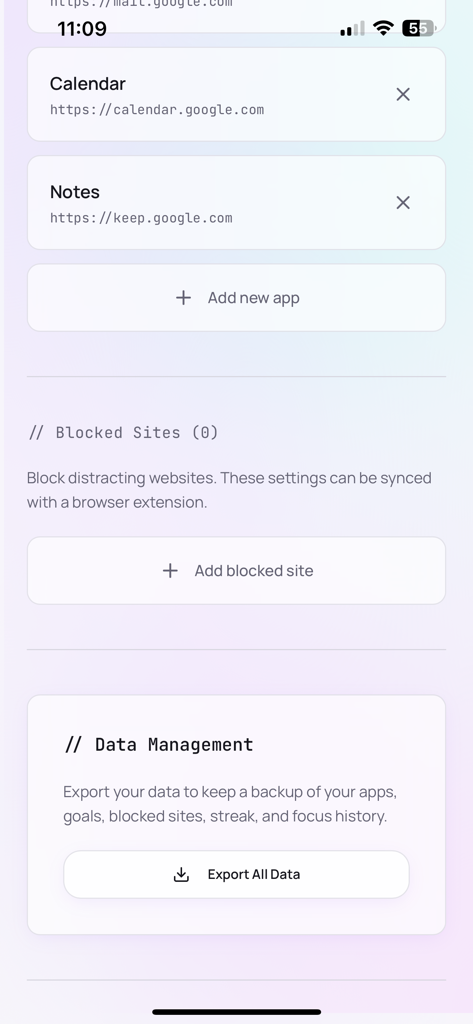 Dumbify app interface showing settings for managing apps, blocking sites, and exporting data.