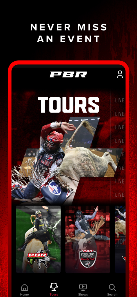 PBR - Interfaz de la aplicación móvil de PBR que muestra varias giras de bull riding y eventos en vivo.