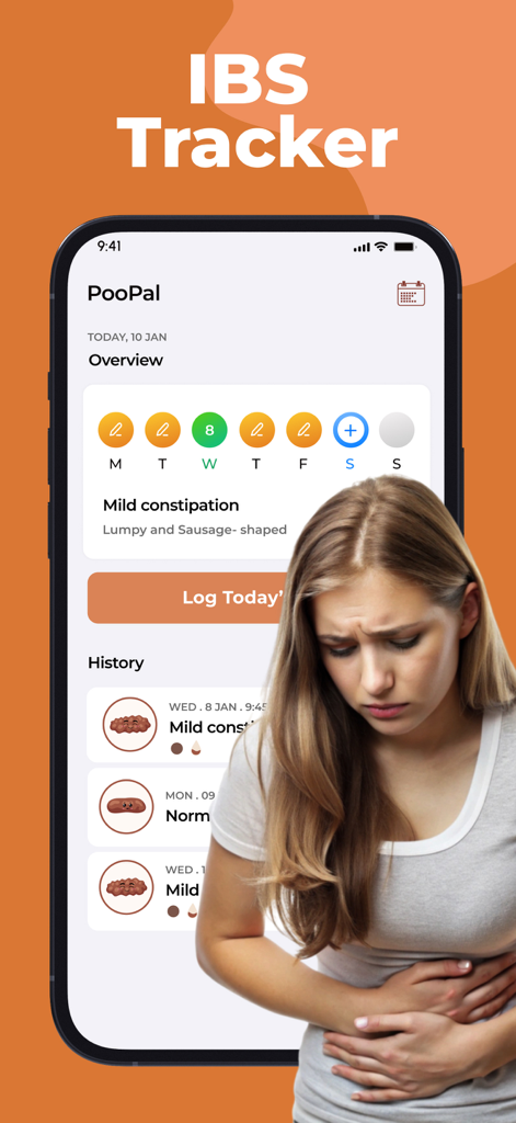 PooPal: Poop Log - PooPal app screenshot showing IBS tracker features with a woman suffering from stomach pain