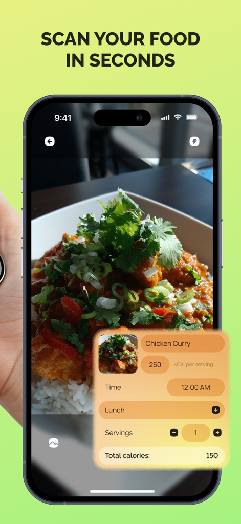 AI Food & Calorie Scanner - El escáner de calorías con IA identifica una comida de curry de pollo