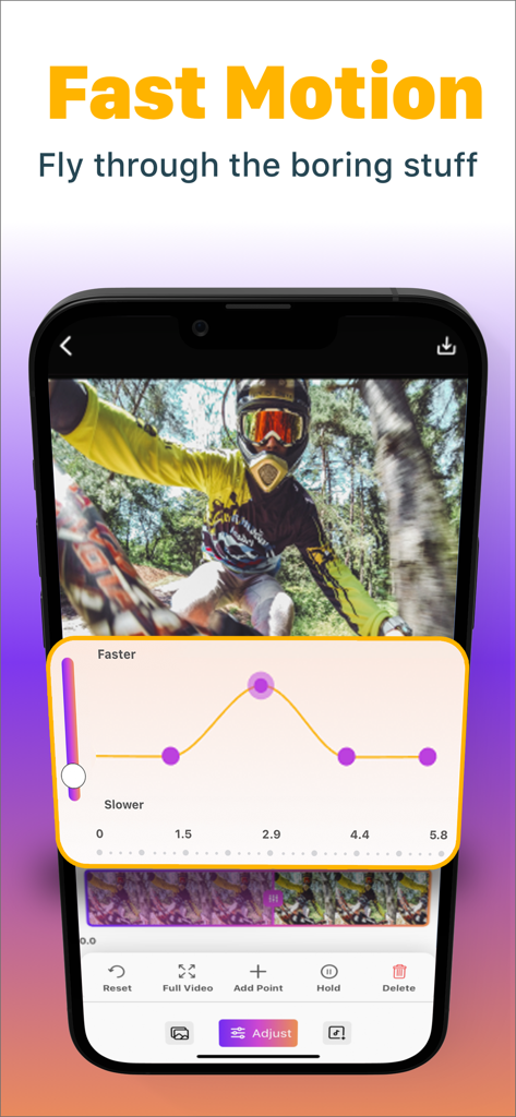SloMo Slow Motion Video Editor - Mobile app interface showing a speed ramp curve to edit a motocross video in fast motion.